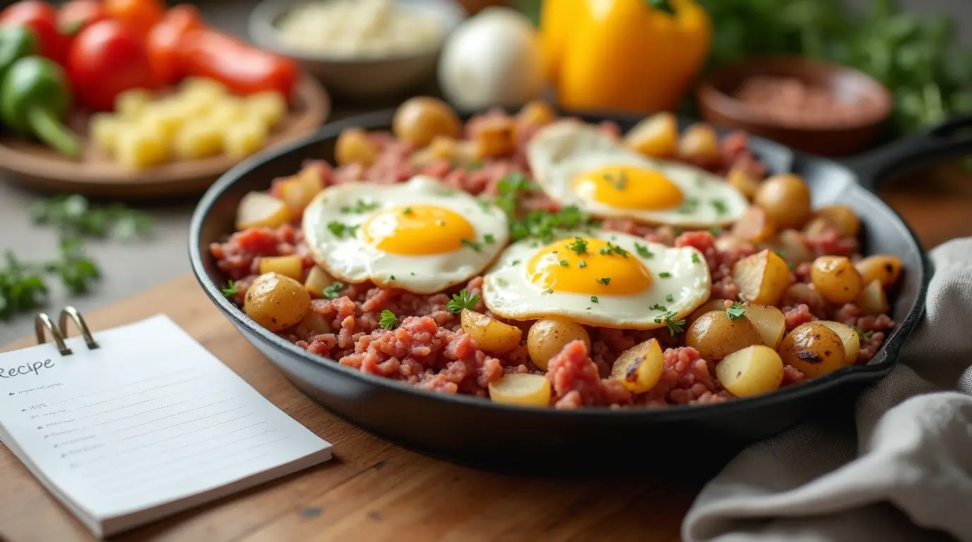Corned beef hash served with sunny-side-up eggs and crispy potatoes on a plate.