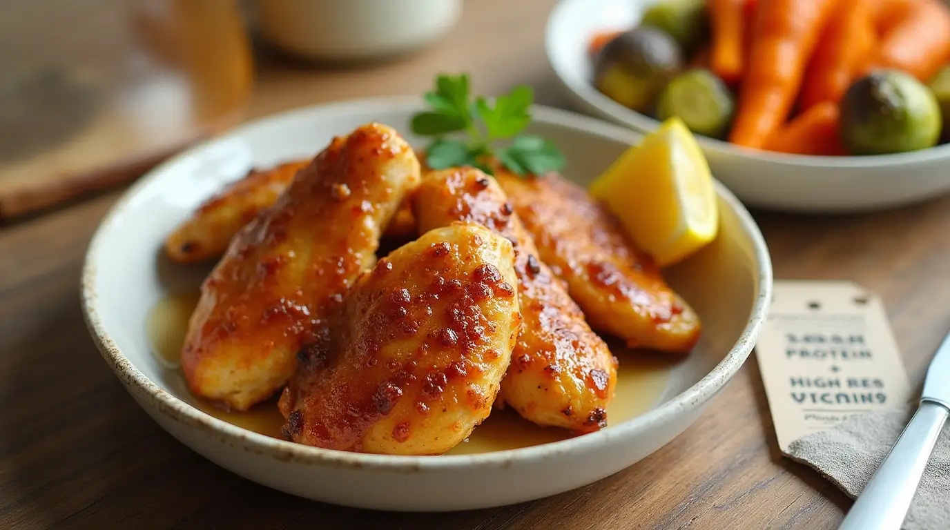 Golden-brown honey-glazed chicken tenders garnished with fresh herbs and served with roasted vegetables on a rustic plate.