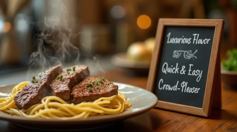 A plate of steak Alfredo recipe featuring tender steak slices on creamy Alfredo pasta, garnished with Parmesan and fresh parsley.