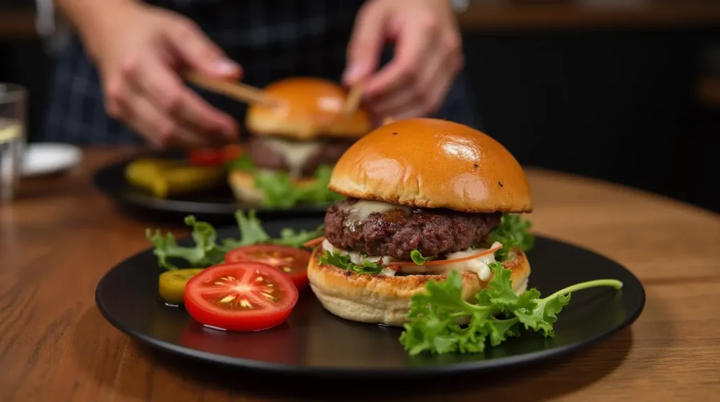 Juicy Wagyu ground beef recipe on a brioche bun with melted cheese, fresh lettuce, and tomato, served with crispy fries and a cold beverage.