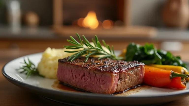 Cooked venison cube steak recipe with mashed potatoes, garnished with rosemary.