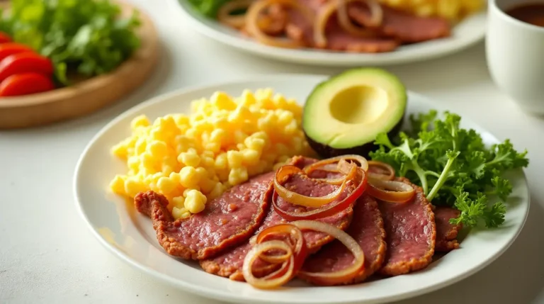 A hearty canned corned beef breakfast featuring scrambled eggs, sautéed vegetables, and fresh avocado slices served in a rustic skillet