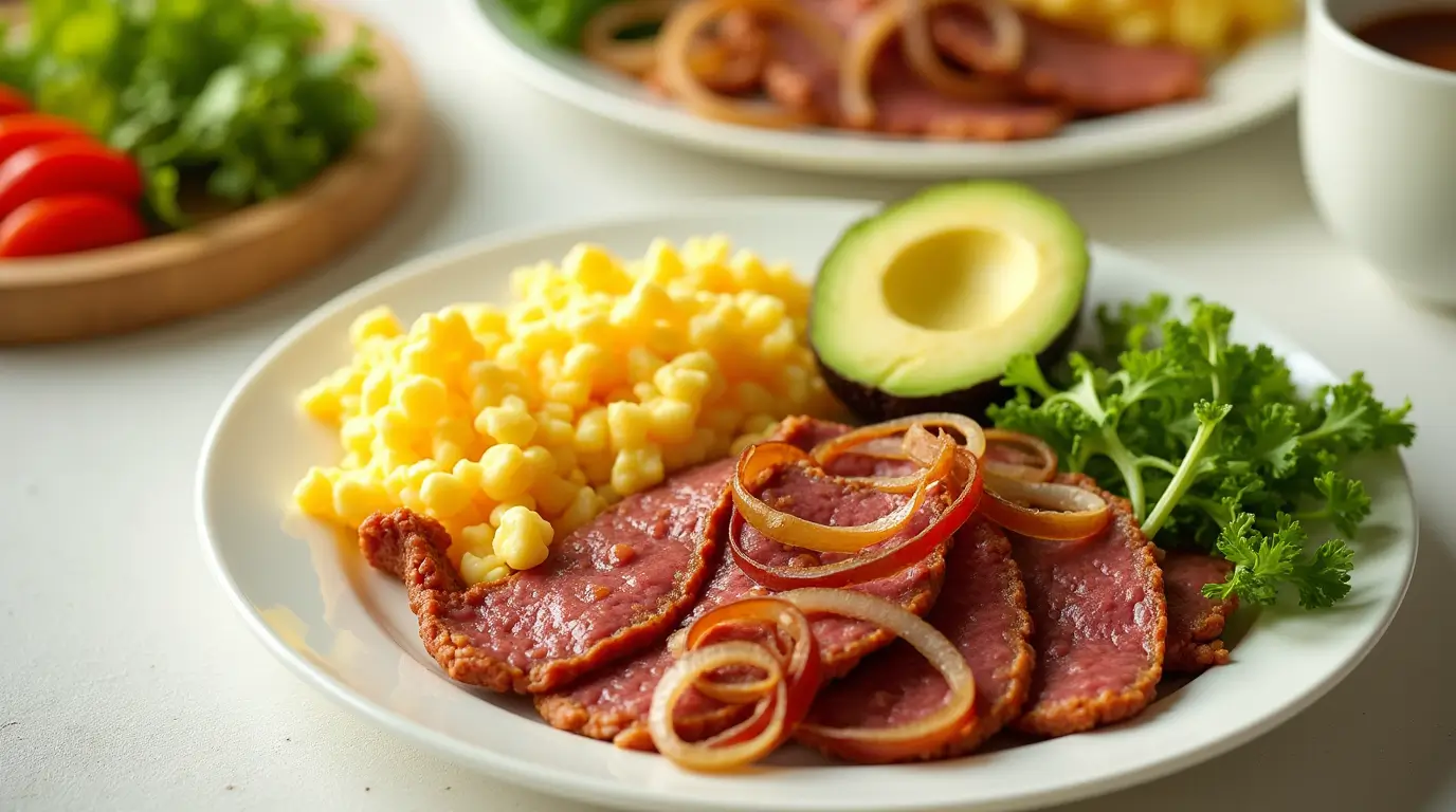 A hearty canned corned beef breakfast featuring scrambled eggs, sautéed vegetables, and fresh avocado slices served in a rustic skillet