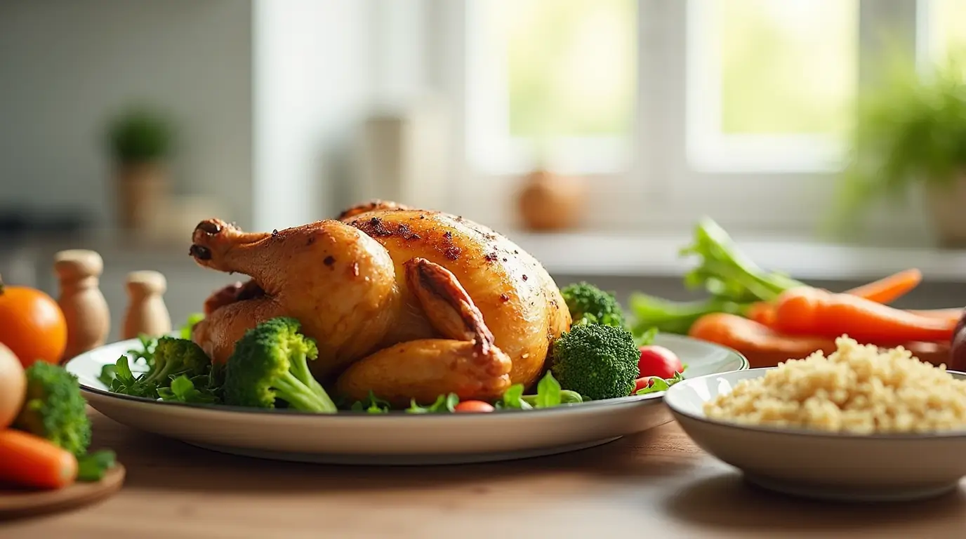 Delicious rotisserie chicken dinner with sides of roasted vegetables, mashed potatoes, and a fresh green salad on a cozy dinner table