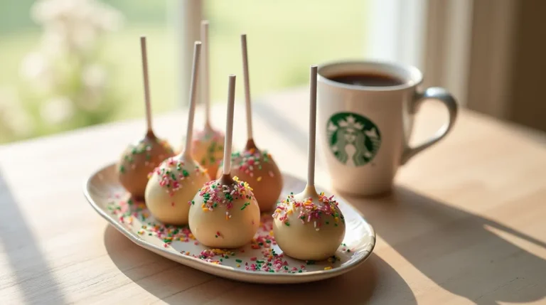 A tray of Starbucks-inspired cake pops in vibrant pastel colors, decorated with sprinkles and drizzles, displayed on a wooden table with a coffee cup