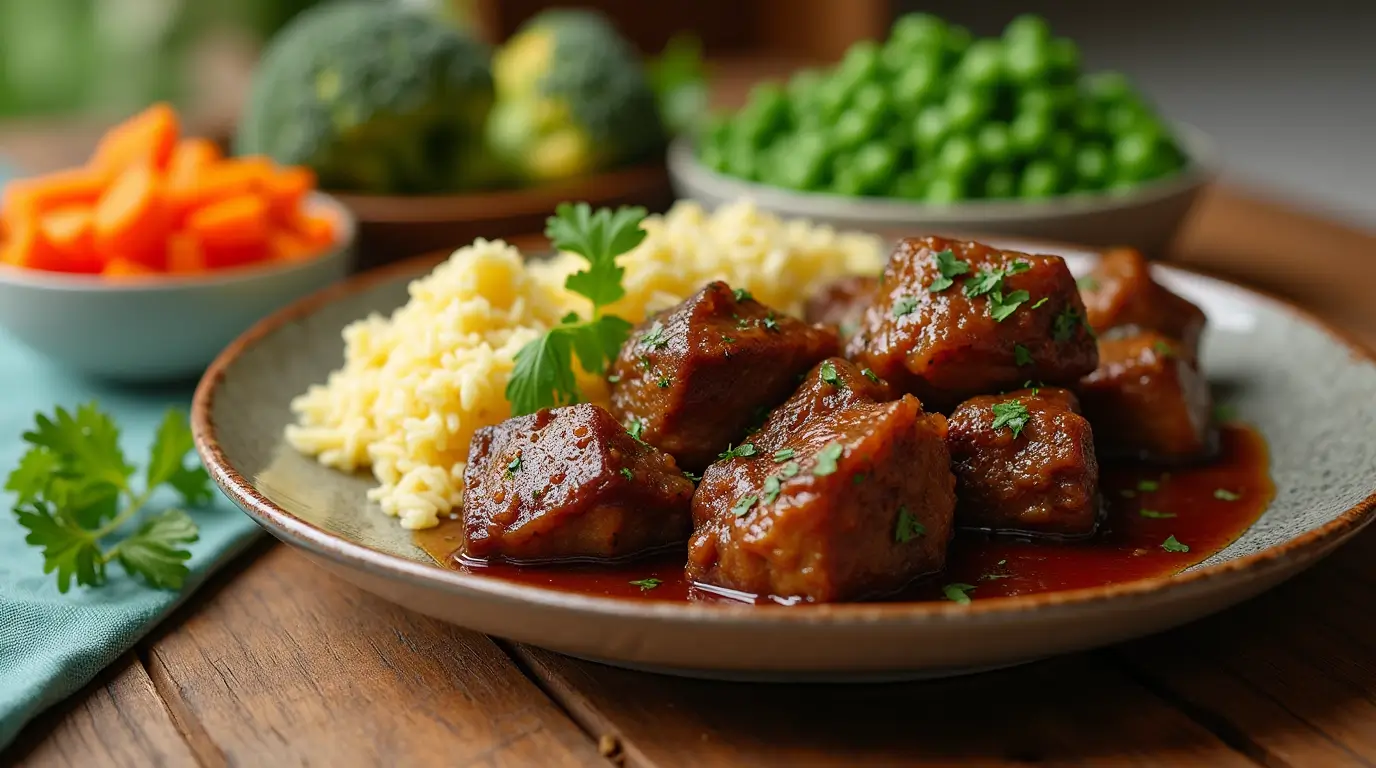 A delicious plate of oxtail dishes caribean served with rice and peas, fried plantains, and a vibrant salad.