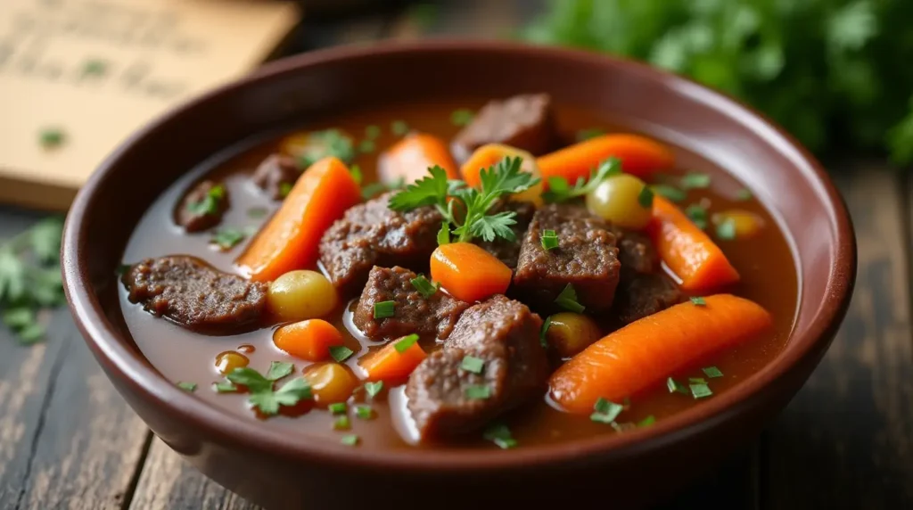 A hearty bowl of beef tail stew recipe served with fresh vegetables and herbs