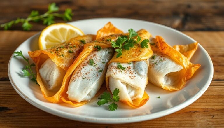 Golden, crispy fish-wrapped -in-filo-recipe served with fresh herbs and lemon