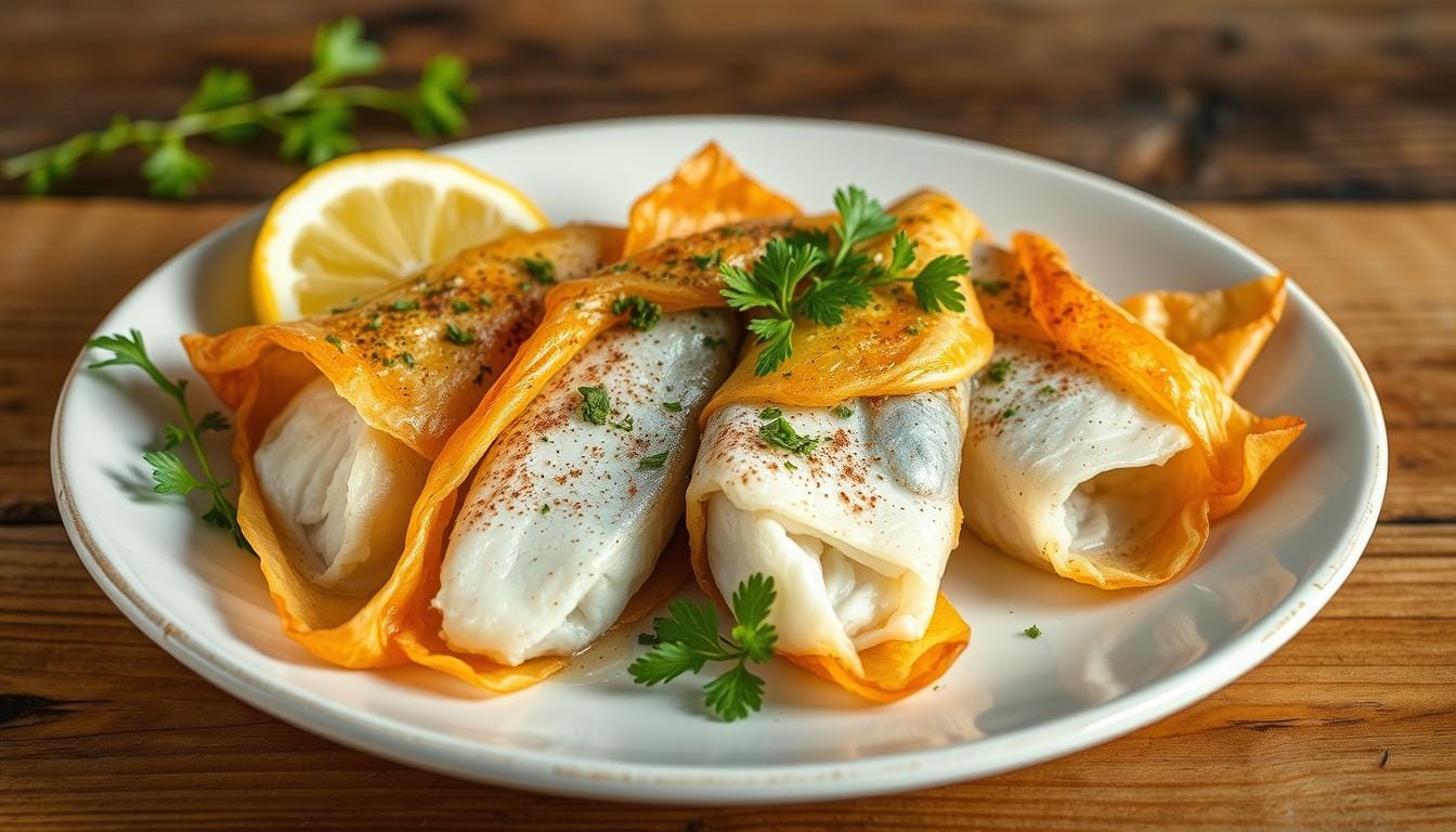 Golden, crispy fish-wrapped -in-filo-recipe served with fresh herbs and lemon