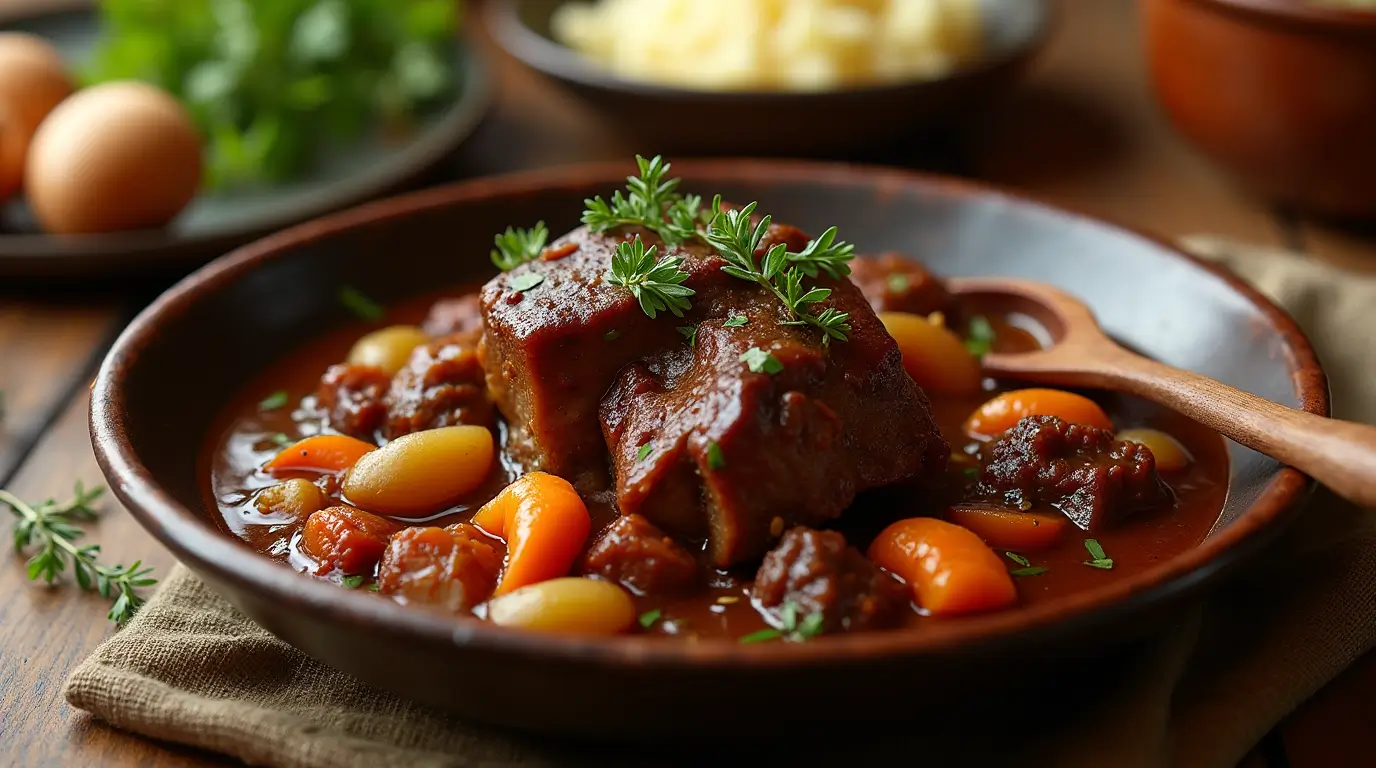 Tender braised oxtail recipe in a rich, savory sauce with vegetables, garnished with fresh parsley, served in a rustic bowl