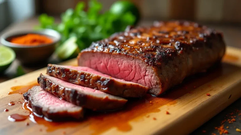 Sizzling chipotle steak recipe with a golden sear, garnished with lime and cilantro, cooked to perfection in a skillet.