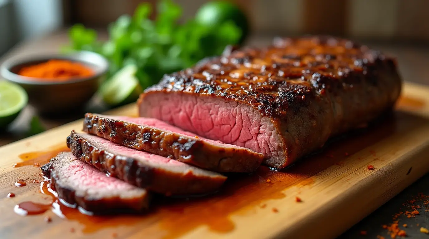 Sizzling chipotle steak recipe with a golden sear, garnished with lime and cilantro, cooked to perfection in a skillet.