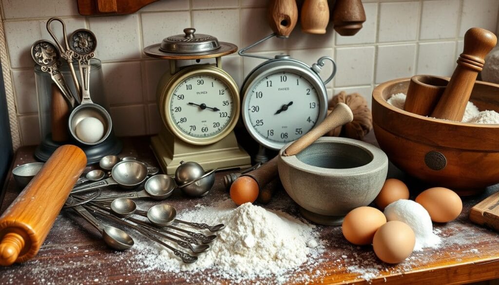 traditional baking equipment Ingredients for 18th Century Queen's Cake Recipe including butter, sugar, eggs, and spices