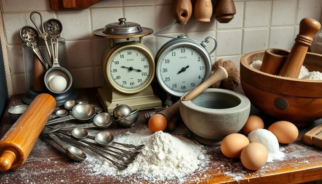 traditional baking equipment Ingredients for 18th Century Queen's Cake Recipe including butter, sugar, eggs, and spices