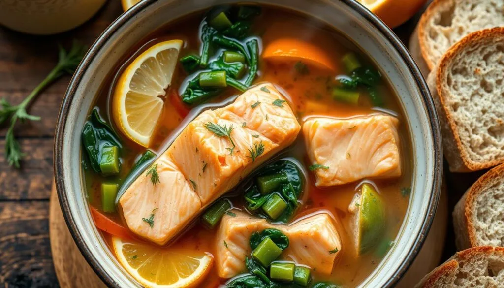 delicious salmon stew Hearty salmon stew recipe with potatoes, carrots, and fresh herbs