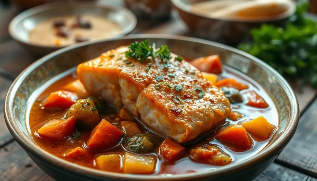 salmon stew image Bowl of creamy salmon stew recipe with vegetables and herbs