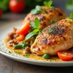 Crispy Mediterranean chicken thighs roasted with colorful vegetables on a sheet pan, garnished with fresh herbs