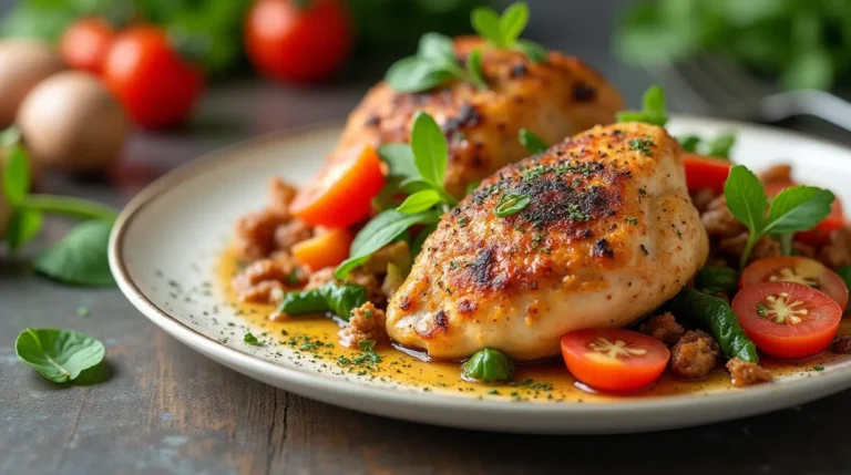 Crispy Mediterranean chicken thighs roasted with colorful vegetables on a sheet pan, garnished with fresh herbs