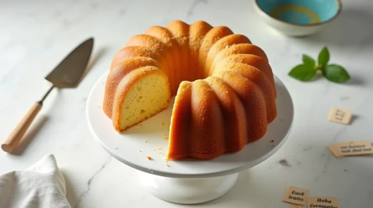 Mile High Pound Cake recipe on White Cake Stand with Benefits Display